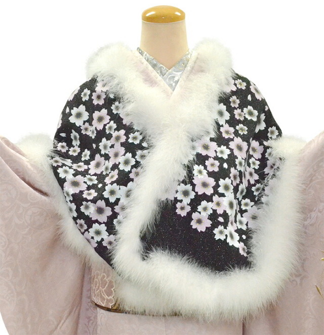 振袖　マラボー・シルクショール　黒×白　桜　【日本製】【ファー】【振袖用ショール】【成人式】【羽毛】