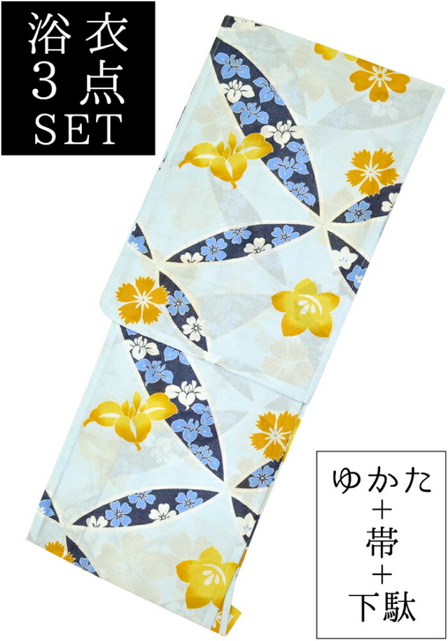 お仕立て上がり浴衣３点セット　綿絽　水色　撫子・花菖蒲・桔梗　☆もれなく帯＆下駄プレゼント☆　【フリーサイズ】【レディース】【女性用】【夏着物】【古典柄】【yukata】【Japan Print】【単品に変更可】