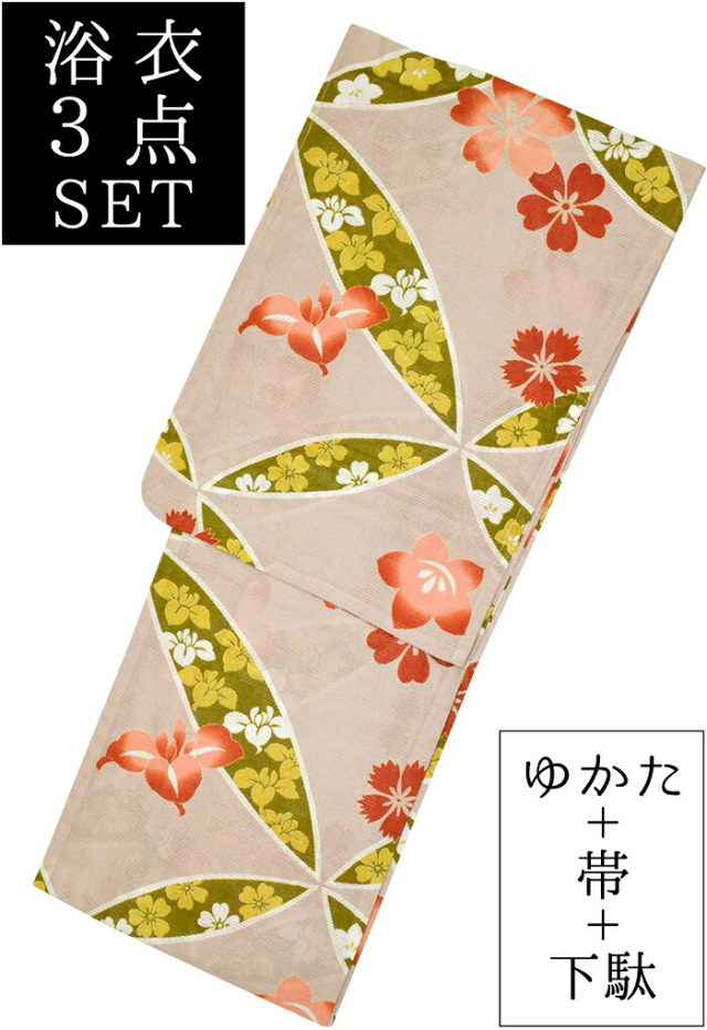 お仕立て上がり浴衣３点セット　綿絽　灰桜色　撫子・花菖蒲・桔梗　☆もれなく帯＆下駄プレゼント☆　【フリーサイズ】【レディース】【女性用】【夏着物】【古典柄】【yukata】【Japan Print】【単品に変更可】