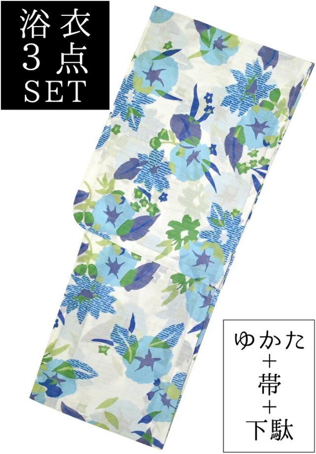 こむさでもーど　お仕立て上がり浴衣３点セット　綿絽　白×青　朝顔　☆もれなく帯＆下駄プレゼント☆　【フリーサイズ】【レディース】【女性用】【日本製】【夏着物】【yukata】【単品に変更可】