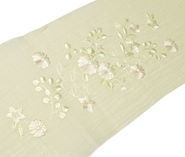 麻（小千谷縮）　夏物半衿　絽　薄黄色　菊・桔梗刺しゅう　【半襟】【女性】【レディース】【夏きもの】【日本製】