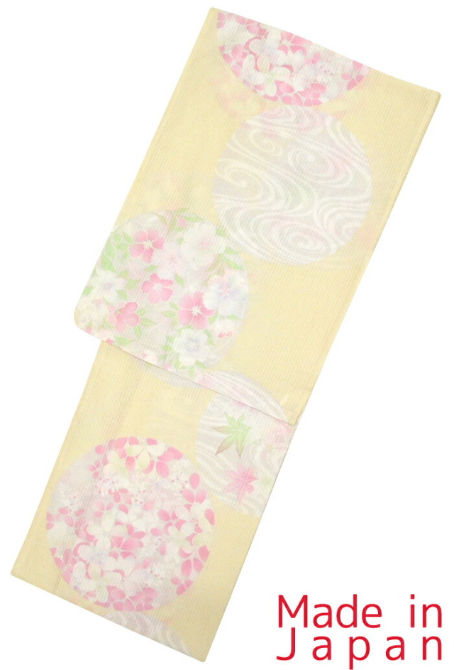 【トールサイズ】お仕立て上がり浴衣（単品）　綿絽　クリーム色　花の丸（撫子・萩）　【ＴＬサイズ】【レディース】【女性用】【日本製】【夏着物】【yukata】