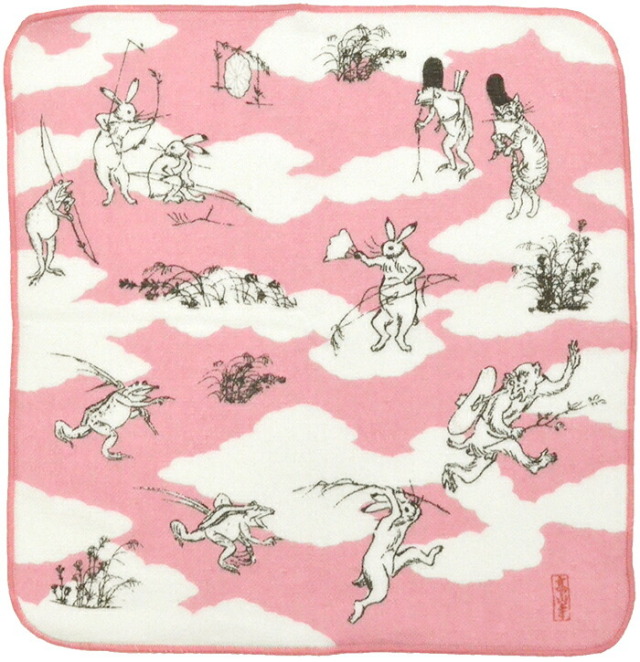 ガーゼタオル　はんかち　鳥獣人物戯画（うさぎ・かえる・ねこ・さる）　猿追い　ピンク　【日本製】【Made in Japan】【鳥獣戯画】【高山寺公認】【和雑貨】【ハンカチ】