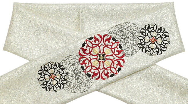 ポリエステル　刺繍入り帯揚げ　白・シルバー×赤・黒　華紋　【振袖向き】【振袖用】【成人式】