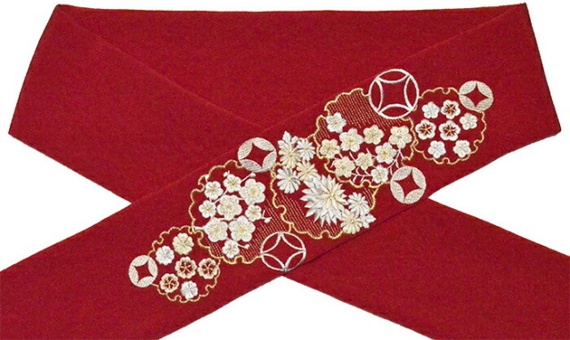 ポリエステル　ちりめん刺繍入り帯揚げ　赤　花詰雪輪七宝　【振袖向き】【振袖用】【成人式】