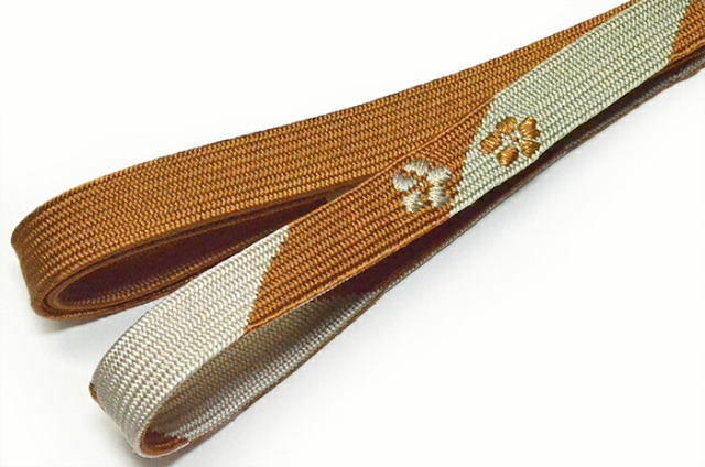 正絹帯締め　黄土茶×ベージュ（金糸入り）　【帯じめ】【普段着向き】