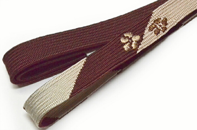 正絹帯締め　臙脂茶×ベージュ（金糸入り）　【帯じめ】【普段着向き】