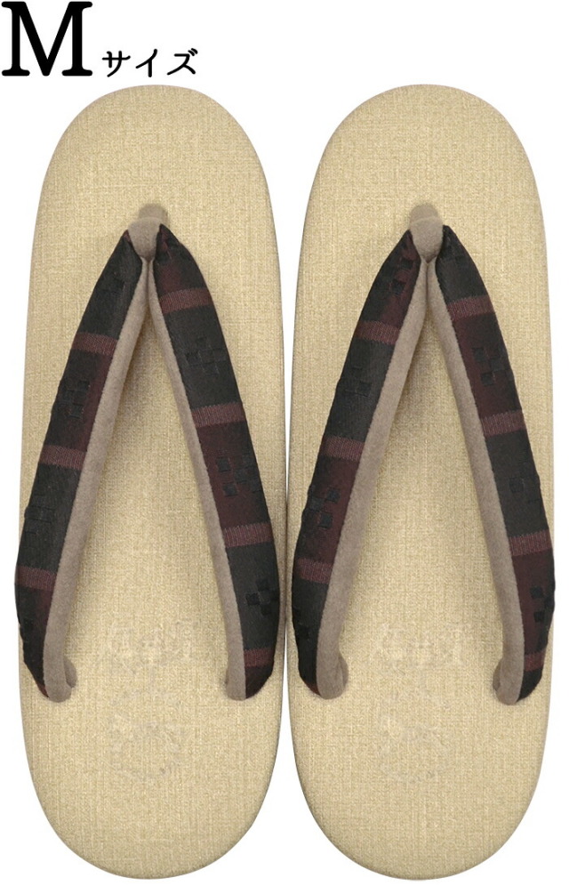 ≪菱屋カレンブロッソ×ｖｉｂｒａｍ×優華壇≫　カフェ草履　≪厚底タイプ≫　ベージュ×ブラック・ワイン（鼻緒）　Ｍサイズ（２３，５ｃｍ）　【カレンブロッソカフェ草履】【日本製】【和装履物】【レディース】