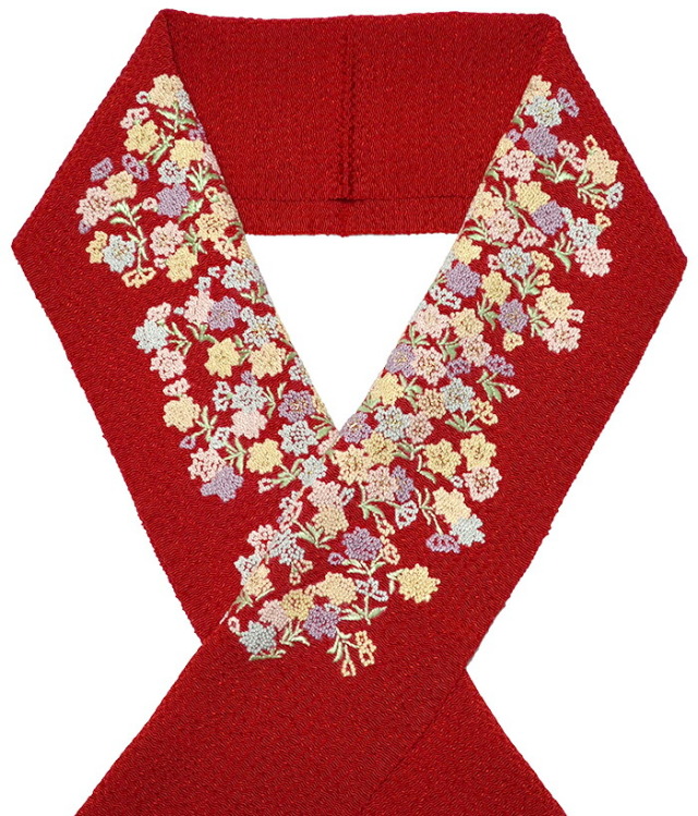 さがら手刺繍　正絹半衿　赤　花畑　【シルク半襟】【成人式】【卒業式】