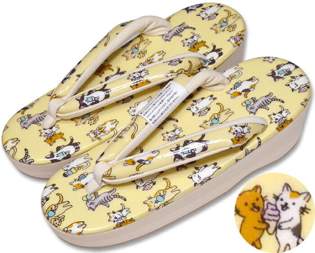ねこ草履　イエロー　アイスクリーム日和　Ｌサイズ（２４，５ｃｍ）　【猫】【女性】【レディース】【普段着】【和装履物】【日本製】