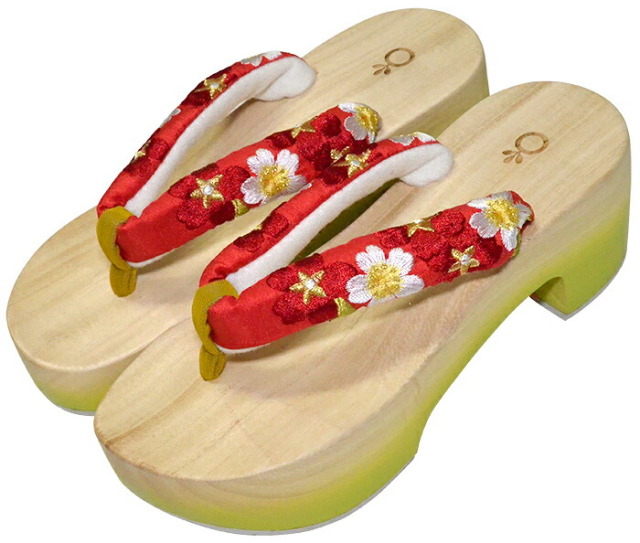 女性用　ピドヒール下駄　白木・底ぼかしグリーン×赤（鼻緒/刺繍）　Ｆサイズ（２４，０ｃｍ）　【浴衣】【単品】【レディース】【wooden clogs】【geta】