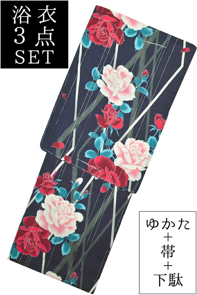 お仕立て上がり浴衣３点セット　接触冷感・抗菌防臭　紺×赤　薔薇（ばら）と縞　☆もれなく帯＆下駄プレゼント☆　【フリーサイズ】【レディース】【女性用】【yukata】【単品に変更可】