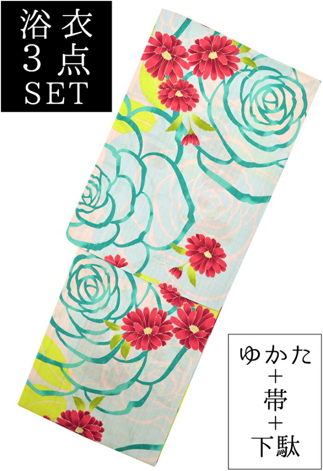 お仕立て上がり浴衣３点セット　接触冷感・抗菌防臭　薄ピンク×緑・赤　薔薇と菊　☆もれなく帯＆下駄プレゼント☆　【フリーサイズ】【レディース】【女性用】【yukata】【単品に変更可】