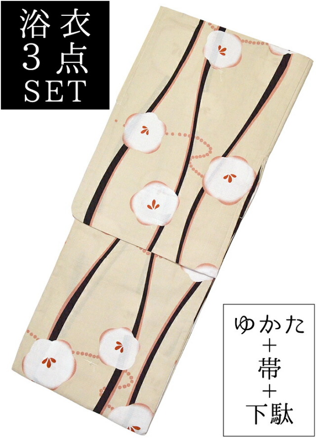 お仕立て上がり浴衣３点セット　ベージュ　椿とよろけ縞（ストライプ）　☆もれなく帯＆下駄プレゼント☆　【フリーサイズ】【レディース】【女性用】【古典柄】【yukata】【単品に変更可】