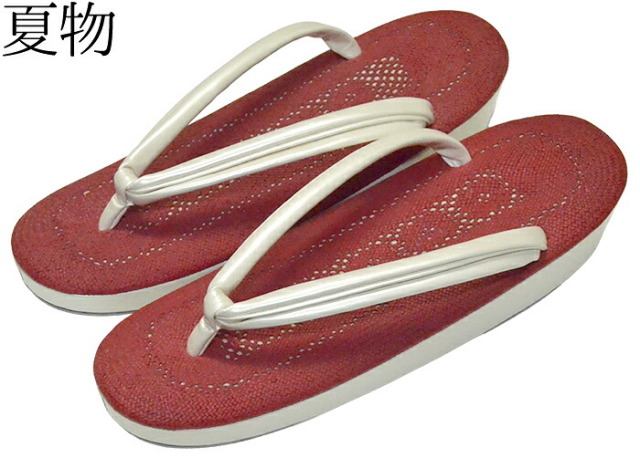 【夏用】　白梅　草履　赤×オフホワイト（鼻緒）　Ｍサイズ（２４，０ｃｍ）【夏草履】【和装履物】【女性】【レディース】