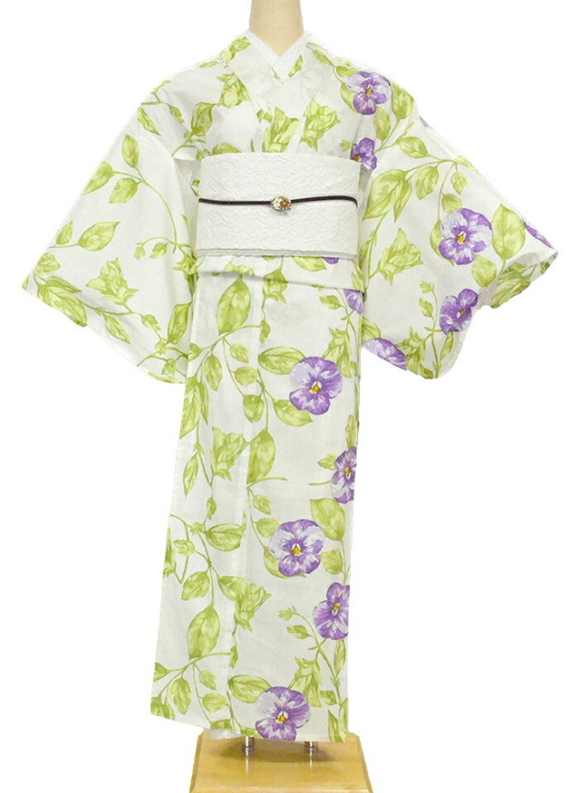 片身替わり　お仕立て上がり浴衣（単品）　オフホワイト×パープル　花　【フリーサイズ】【レディース】【女性用】【夏着物】【yukata】