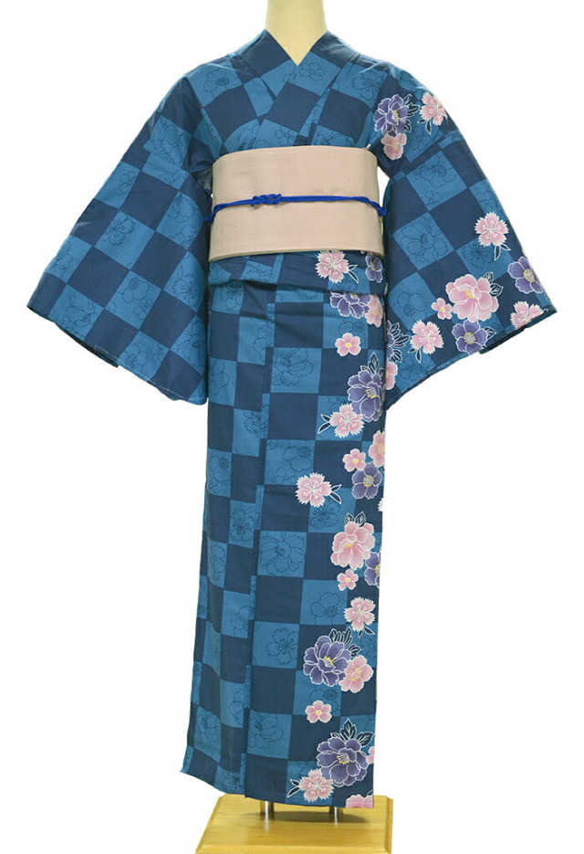 片身替わり　お仕立て上がり浴衣（単品）　ネイビー×ブルー　市松模様と牡丹・なでしこ　【フリーサイズ】【レディース】【女性用】【夏着物】【yukata】