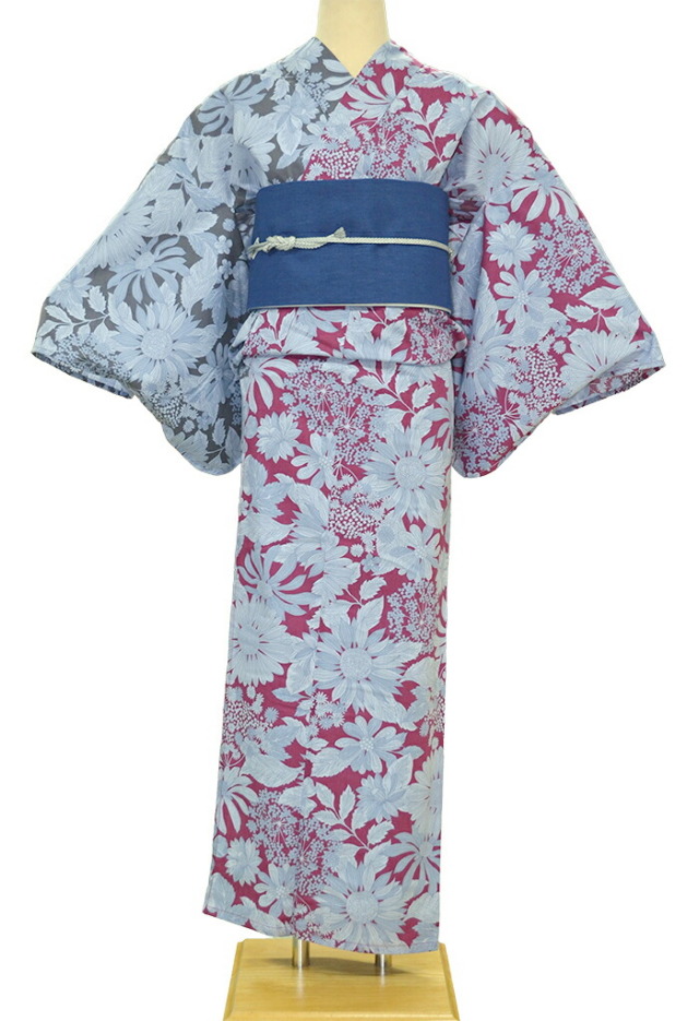 片身替わり　お仕立て上がり浴衣（単品）　グレー×ワインレッド　ボタニカル　【フリーサイズ】【レディース】【女性用】【夏着物】【yukata】