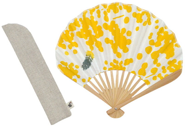 布扇子（ケース付き）　ミモザ　ホワイト×イエロー　【扇子入れ付き】【浴衣】【和雑貨】【folding fan】