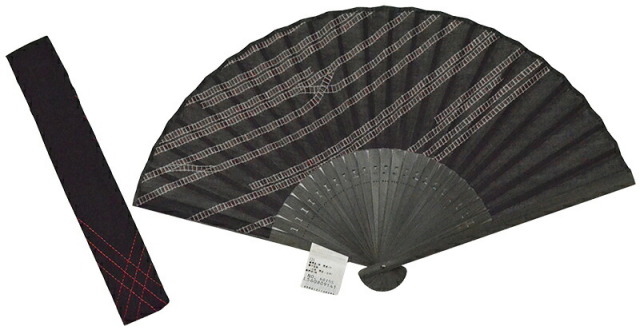 布扇子（ケース付き）　線路　黒×赤　【扇子入れ付き】【赤黒】【浴衣】【和雑貨】【folding fan】【電車】【レディース】【メンズ】【女性】【男性】
