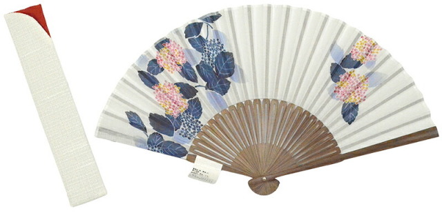 布扇子（ケース付き）　あじさい　白　【扇子入れ付き】【紫陽花】【浴衣】【和雑貨】【folding fan】【レディース】【女性】