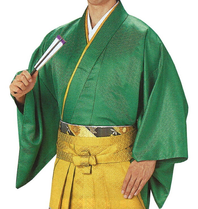 男物　袴下着物（伊達衿付き）　緑　紗綾型　Ｍ・Ｌサイズ　【メンズ】【納期約２週間】【送料無料】