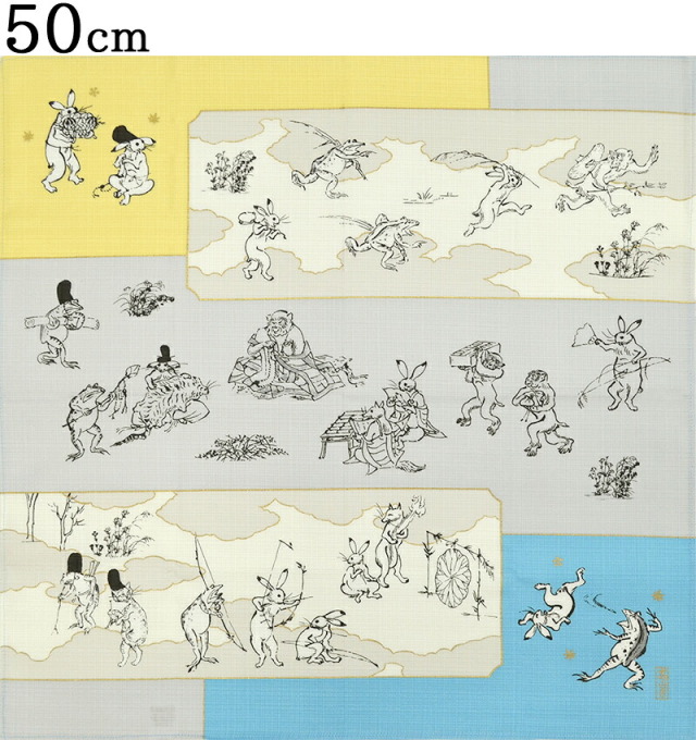 オーガニックコットン　鳥獣戯画　小風呂敷（５０センチ）　絵巻　ブルー×イエロー　【５０ｃｍ】【はんかち】【ハンカチ】【ランチクロス】【一三巾】【furoshiki】【日本製】【Made in Japan】【鳥獣人物戯画】【うさぎ】【かえる】
