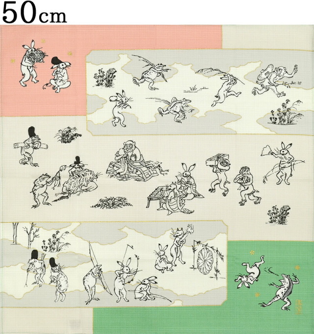 オーガニックコットン　鳥獣戯画　小風呂敷（５０センチ）　絵巻　グリーン×ピンク　【５０ｃｍ】【はんかち】【ハンカチ】【ランチクロス】【一三巾】【furoshiki】【日本製】【Made in Japan】【鳥獣人物戯画】【うさぎ】【かえる】