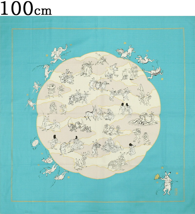 オーガニックコットン　鳥獣戯画　大風呂敷（１００センチ）　蓮の葉　ターコイズ　【１００ｃｍ】【エコバッグ】【テーブルクロス】【二四巾】【furoshiki】【日本製】【Made in Japan】【鳥獣人物戯画】【うさぎ】【かえる】
