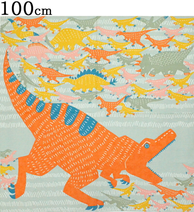オーガニックコットン　大風呂敷（１００センチ）　恐竜（きょうりゅう）　ブルーグレー　【エコバッグ】【ふろしき】【二四巾】【katakataむすび】【dinosaur】【日本製】【Made in Japan】【furoshiki】