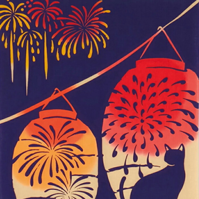 注染手ぬぐい　kenema-けねま-　花火灯り　猫　【てぬぐい】【手拭い】【はんかち】【ハンカチ】【タオル】【tenugui】【towel】【日本製】【プチギフト】【ねこ】【cat】【夏】