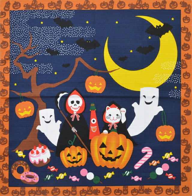 四季彩布　和柄　シャンタンチーフ　小風呂敷　十月　ハロウィン　【ハンカチ】【ランチクロス】【南瓜】【５０cm】　【日本製】【秋】