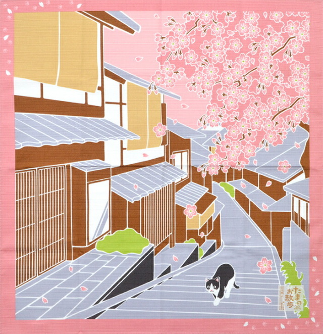 シャンタンチーフ　ねこ柄小風呂敷　《たまのお散歩》　春　桜　【はんかち】【日本製】【ランチクロス】【５０cm】