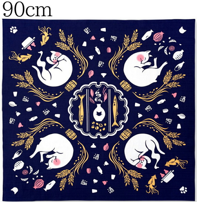 大風呂敷　kenema-けねま-　酔い猫　濃紺　【９０ｃｍ】【furoshiki】【日本製】【二四巾】【ねこ】【cat】【お酒】