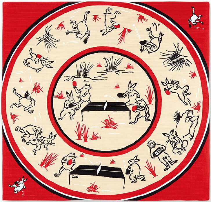 小風呂敷　シャンタンチーフ　kenema-けねま-　鳥獣戯画　卓球　赤　【５０ｃｍ】【はんかち】【ハンカチ】【ランチクロス】【furoshiki】【日本製】【一三巾】【鳥獣人物戯画】【うさぎ】【かえる】【tabletennis】