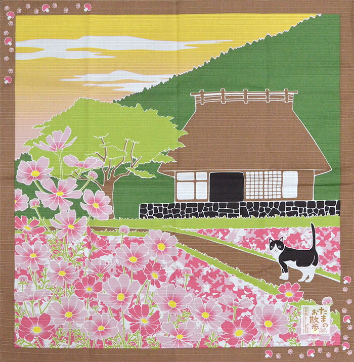 シャンタンチーフ　ねこ柄小風呂敷　《たまのお散歩》　秋桜（コスモス）　【はんかち】【日本製】【ランチクロス】【５０cm】