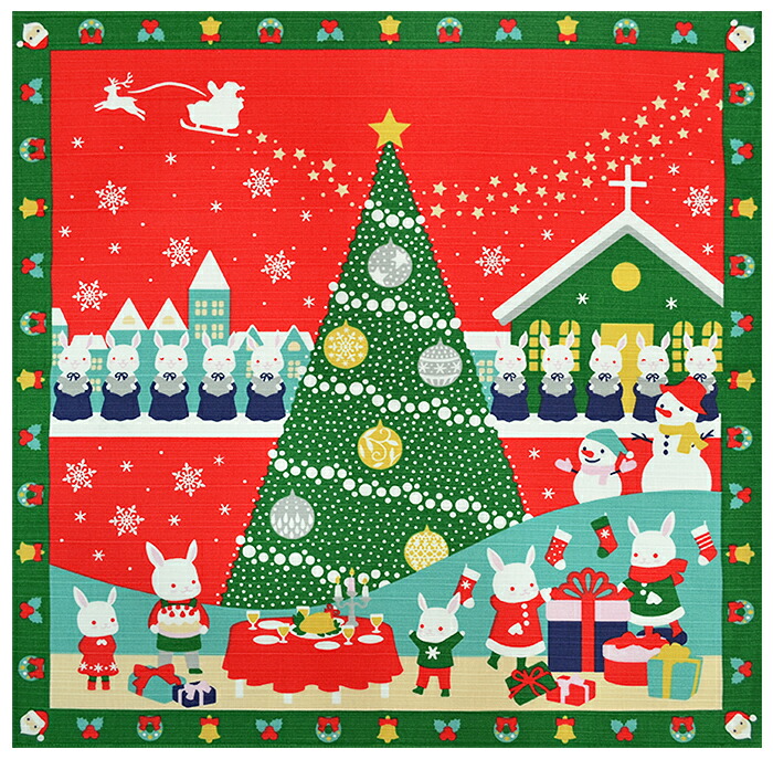シャンタンチーフ　小風呂敷　≪四季彩布うさぎシリーズ≫　クリスマスナイト　【ハンカチ】【ランチクロス】【お土産】【５０ｃｍ】【placemat】【日本製】