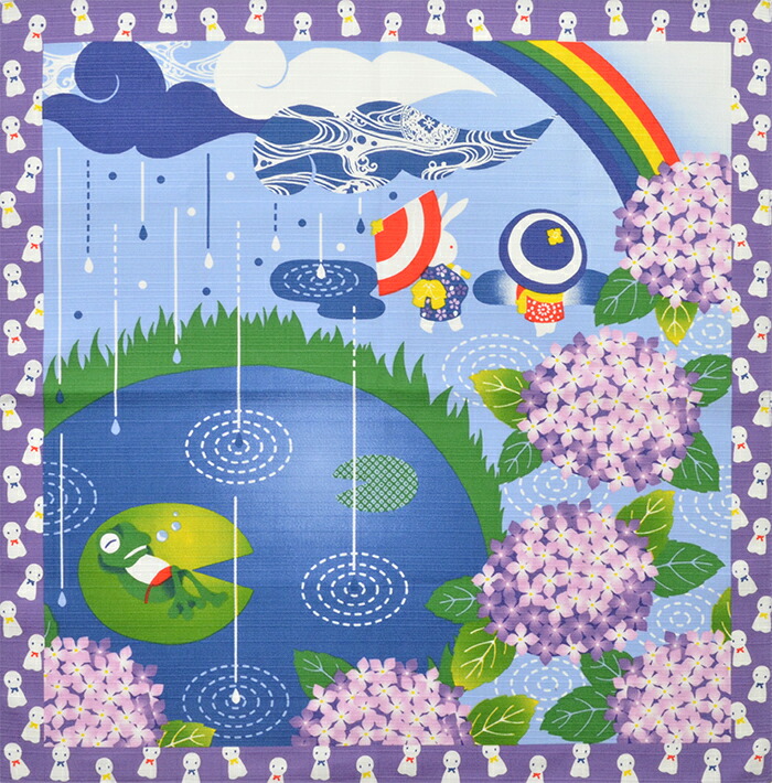 四季彩布　和柄　シャンタンチーフ　小風呂敷　六月　梅雨　紫陽花　【ハンカチ】【ランチクロス】【てるてる坊主】【５０cm】　【日本製】