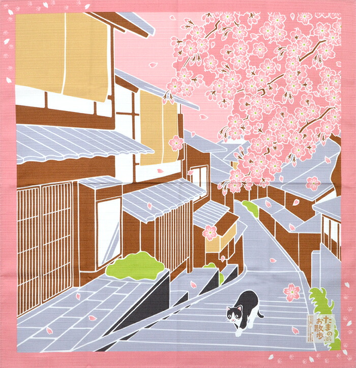 シャンタンチーフ　ねこ柄小風呂敷　《たまのお散歩》　春　桜　【はんかち】【日本製】【ランチクロス】【５０cm】