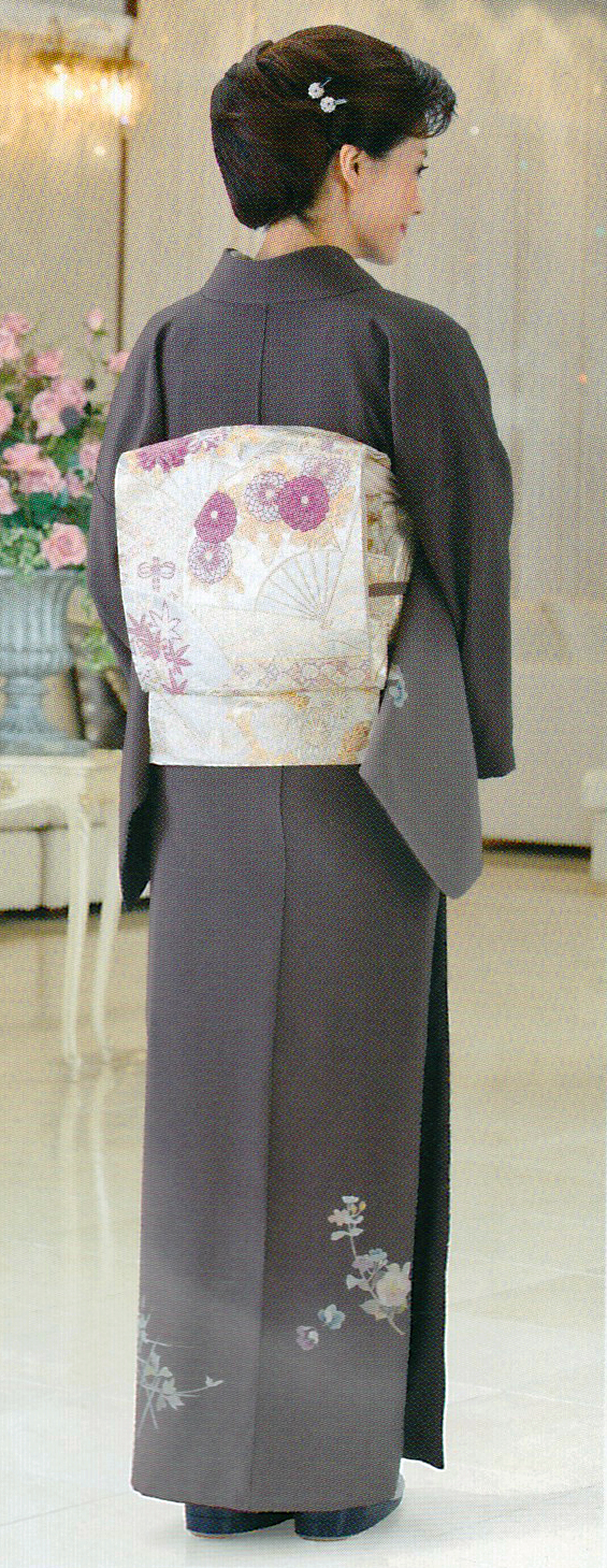 訪問着 着物 袷 金彩加工 地紋 菊 椿 桔梗 裄71 L 中古 sn1145