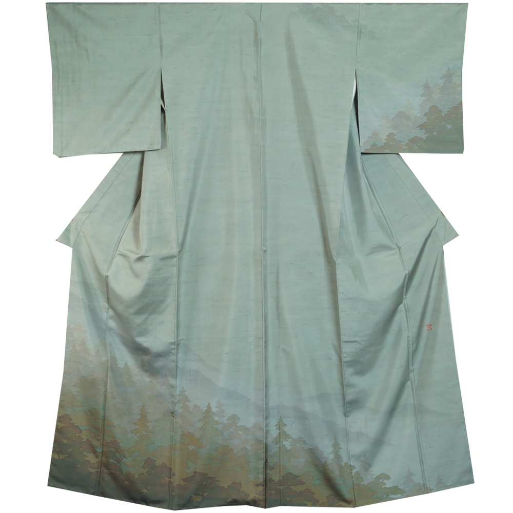 本場牛首紬 洒落訪問着 遠山に木立模様 白山工房 角印 牛首紬 Mサイズ  