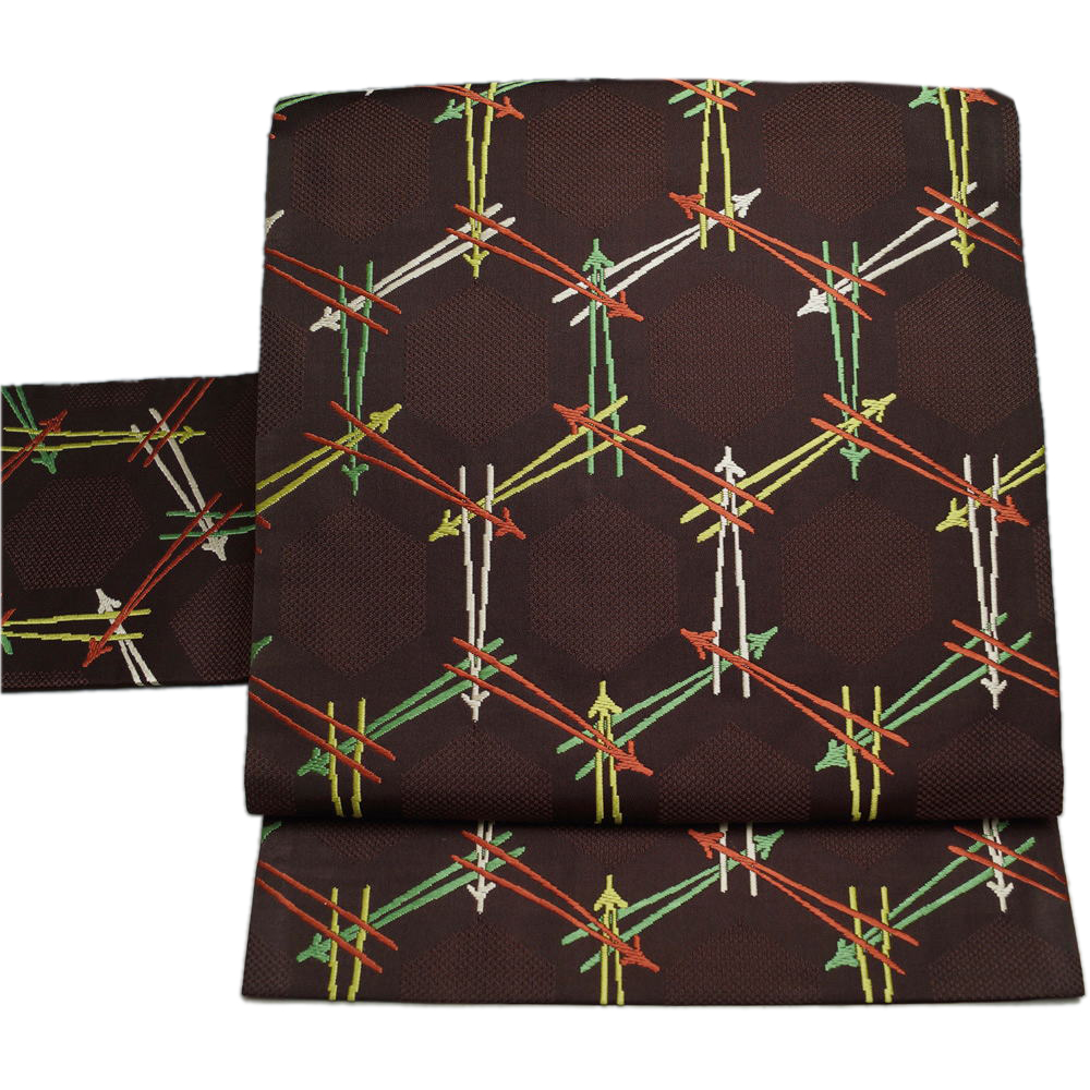 亀甲に折鶴・花模様織出し名古屋帯 絹交織 349cm 片す 