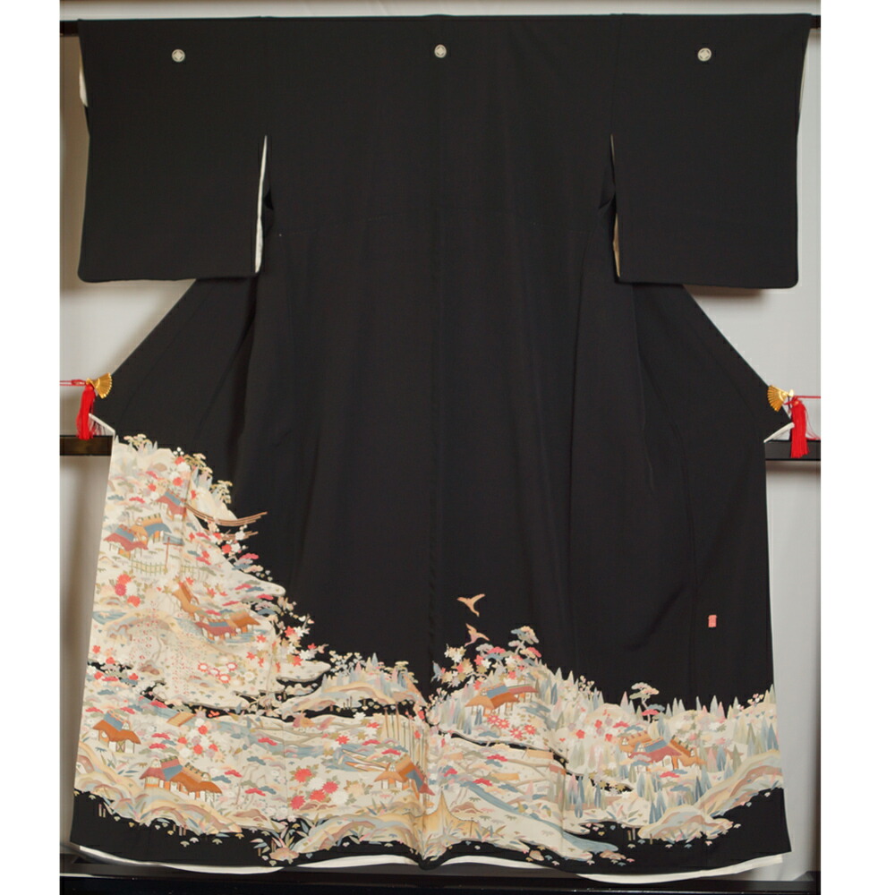 正絹黒留袖　友禅　作家物　花鳥文　⑥( 訪問着、紬、袋帯なども出品) 正絹黒留袖 友禅 作家物 花鳥文 ⑥( 訪問着、紬、袋帯) 正絹黒留袖