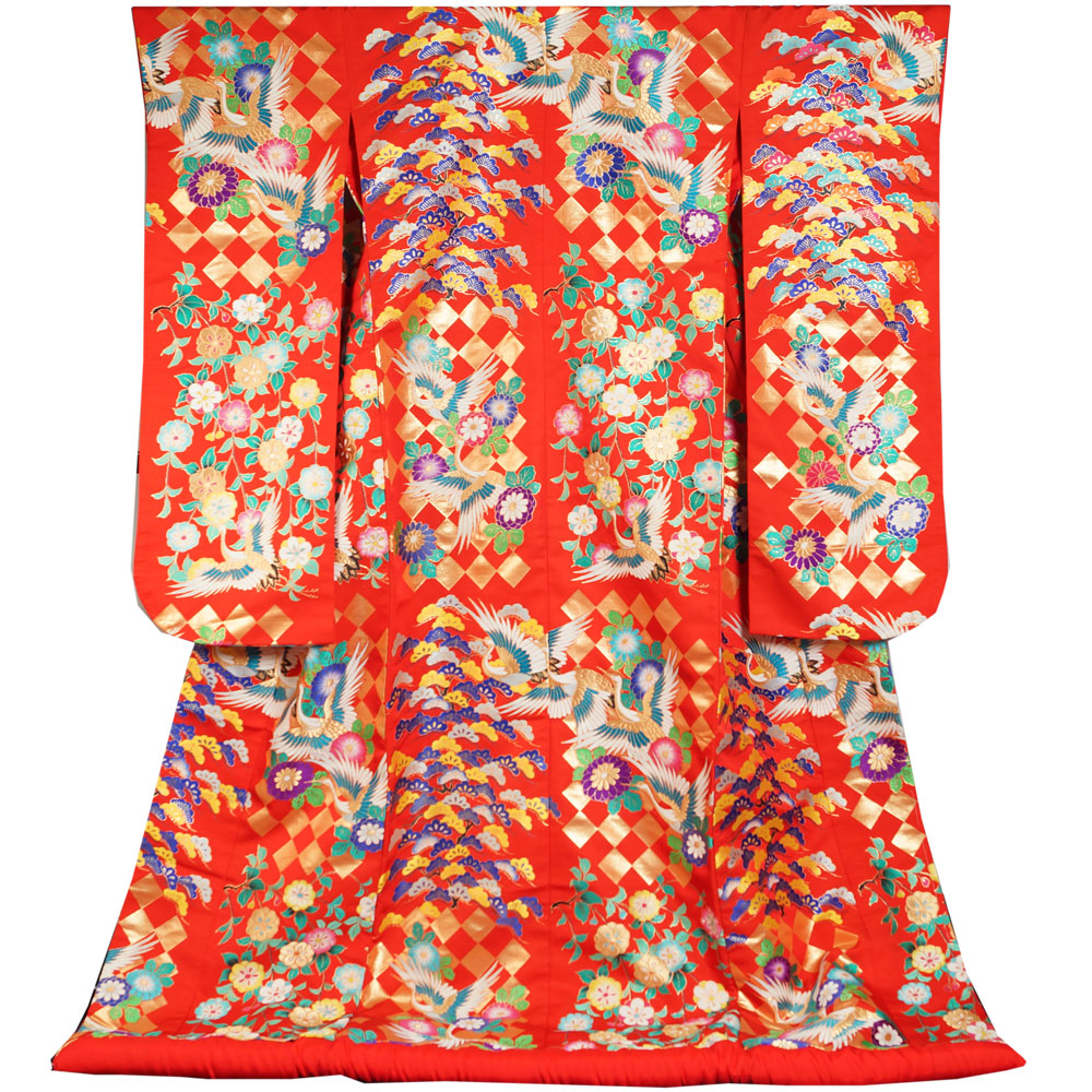 中古品】お引き摺り（引き振袖）「鶴に桜つづみ」k304