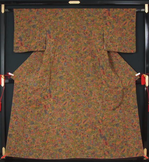 未使用品　ちりめん小紋　唐花更紗模様