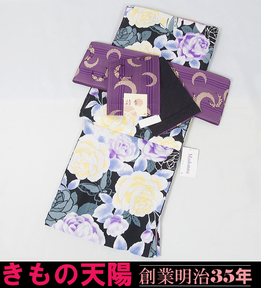 【新品】着物セット　プレタ小紋と小袋帯の２点セット　Madonna　（４）黒地にバラ　Ｌサイズ　
