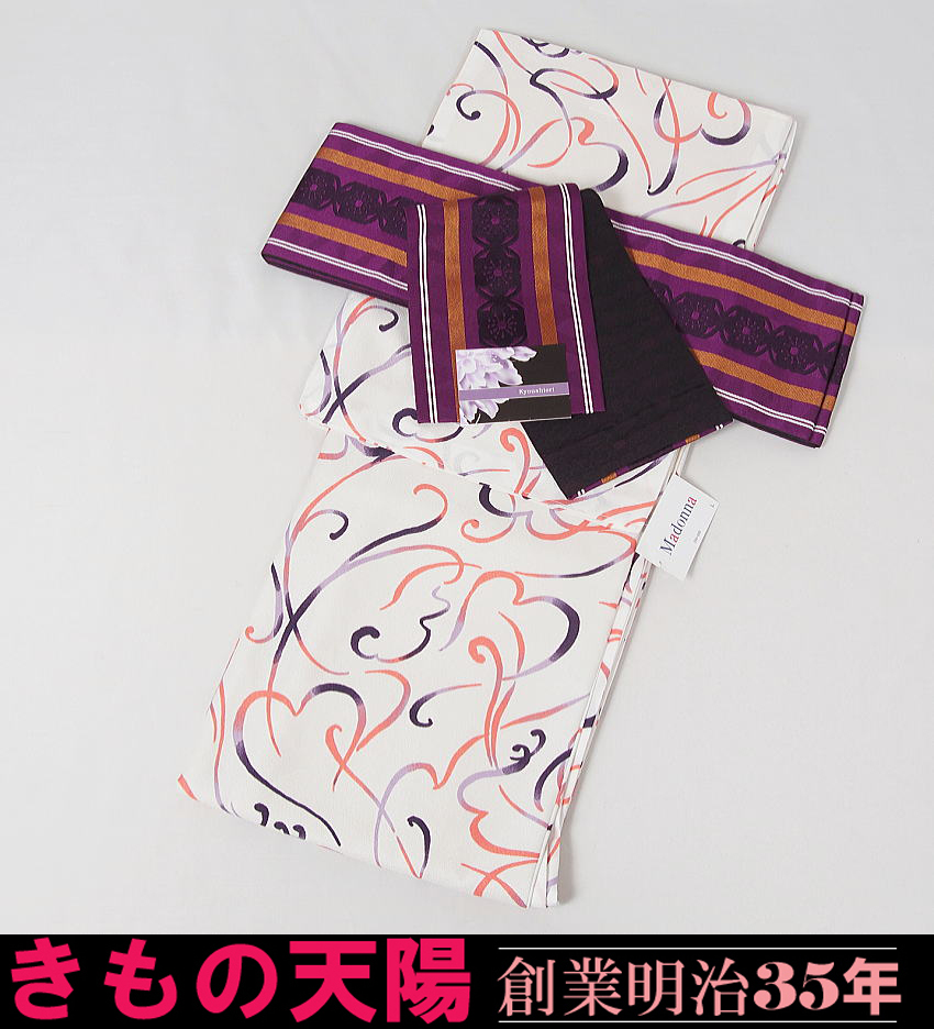 【新品】着物セット　プレタ小紋と小袋帯の２点セット　Madonna　（６）ハート唐草　Ｌサイズ