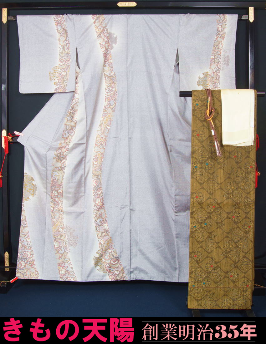 新品きもの4点セット　新品 白山紬 洒落訪問着・西陣織洒落袋帯・ お洒落用帯揚〆セット　　