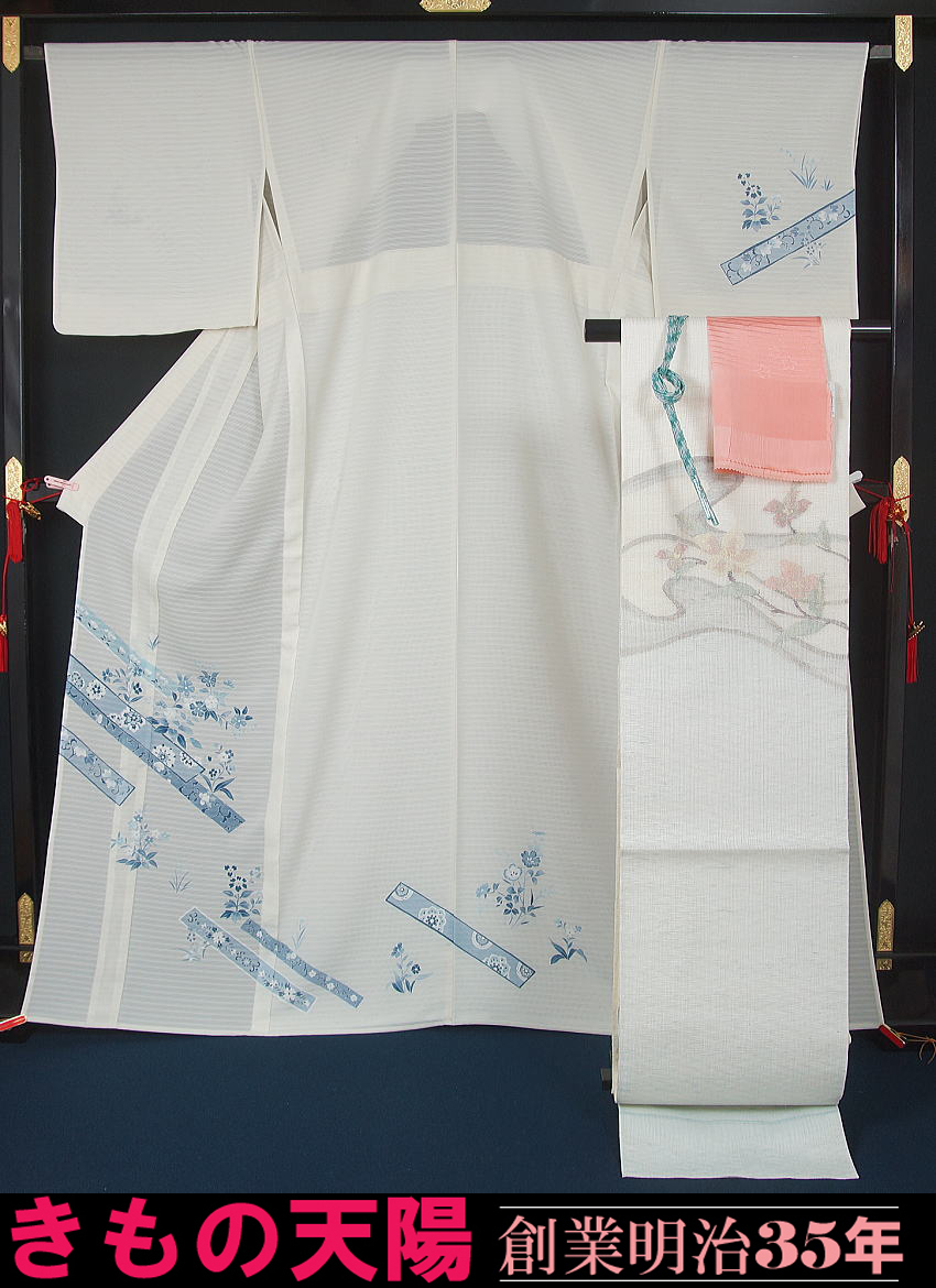 【国内即発送】 新品仕立上品 絽の付下げ訪問着と袋帯、帯揚げ、帯〆の4点 夏物 着物・浴衣