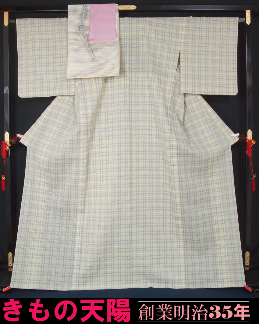 新品仕立上品　夏物　近江ちぢみ「秦荘上布」と袋帯、帯揚げ、帯〆の４点セット　裄長・トールサイズ